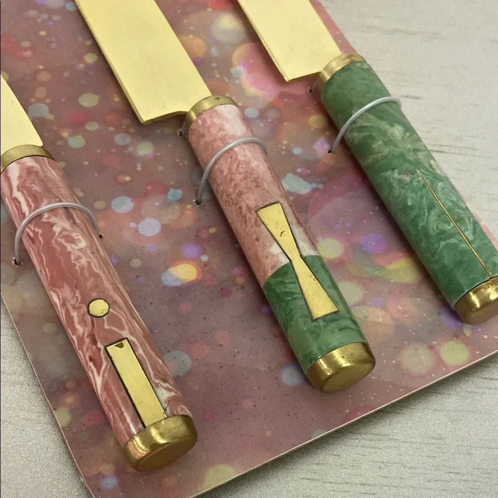 Anthropologie, Gold and Marble Cheese Knife Set, Pink and Green, Set of 3, NEW
